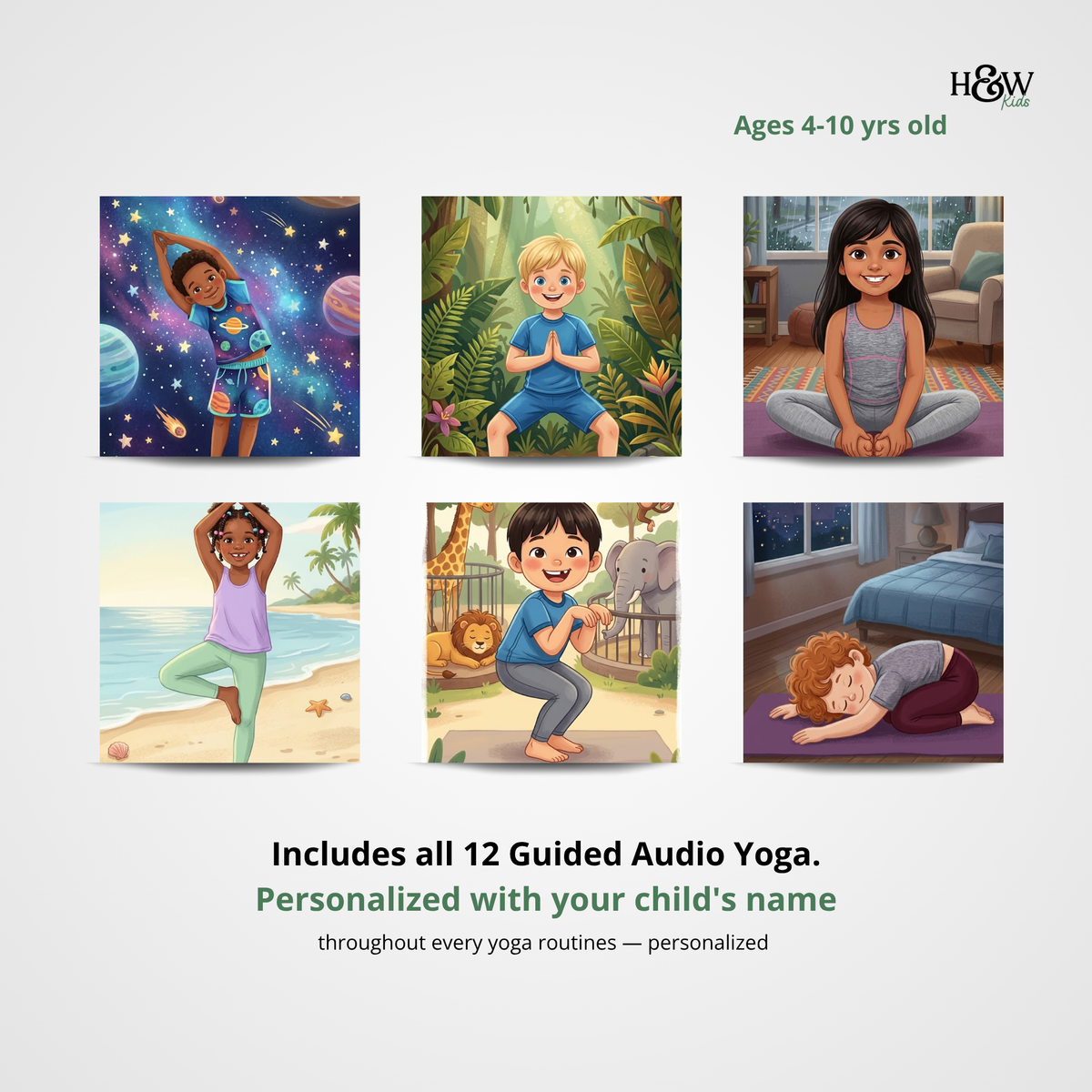 Guided Audio Yoga Bundle for Kids (Personalized Audio Yoga and Posters)