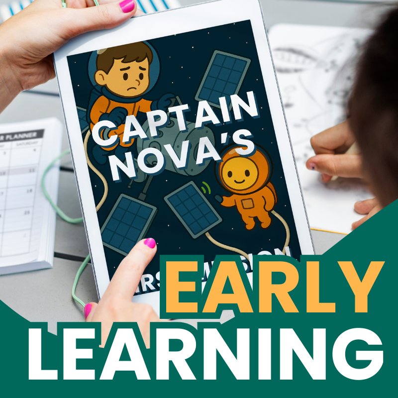 Person holding a tablet with 'Captain Nova's Early Learning' on screen, surrounded by educational materials.